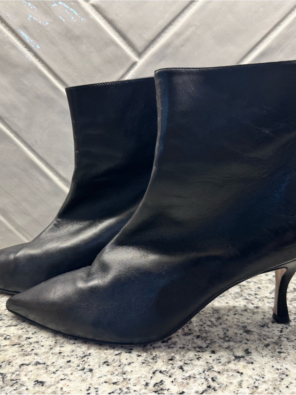 Stuart Weitzman Black Pointed Leather Kitten Heel Ankle Booties